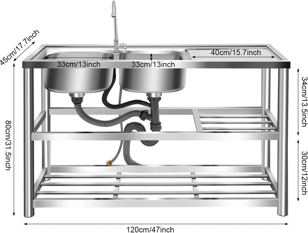 Free Standing Stainless Steel Sink, Double Bowl Commercial Restaurant Kitchen Sink Set w/Faucet Worktop Basin Double Storage Shelves Double Utility Sink Outdoor (47x17.7x31.5in-C)