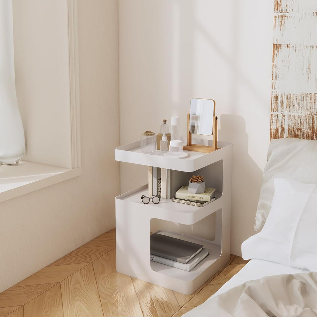 Side Table,Modern end Table,Metal nightstand,Bedside Table,3-Tier Accent Table with Storage for Bedroom,Living Room,Small Space,Couch.No Assembly Required