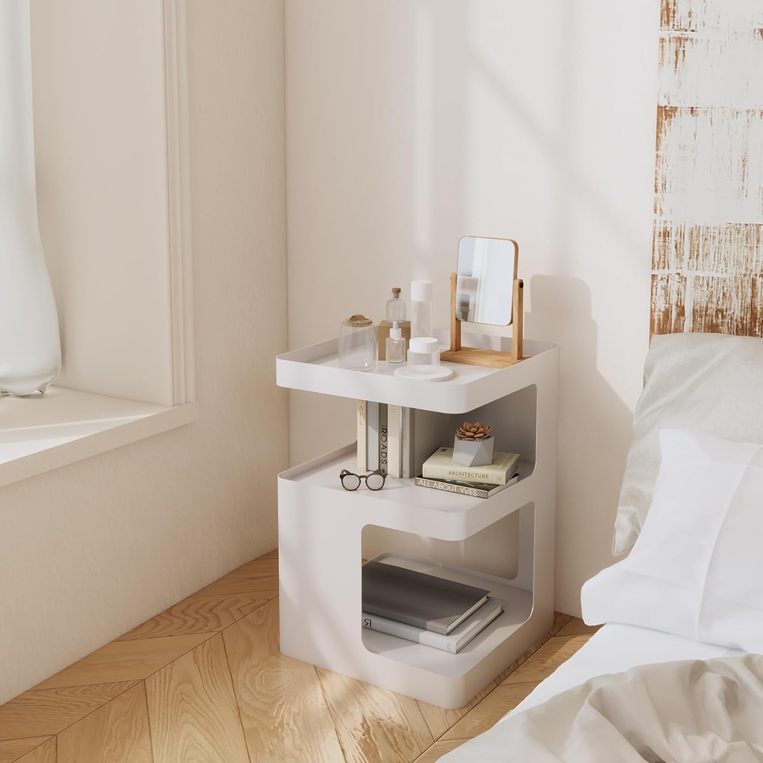 Side Table,Modern end Table,Metal nightstand,Bedside Table,3-Tier Accent Table with Storage for Bedroom,Living Room,Small Space,Couch.No Assembly Required