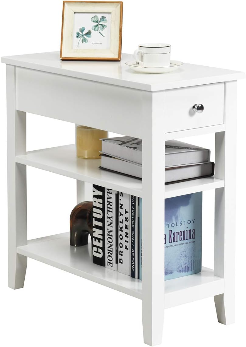 Giantex Narrow End Table Set of 2, Small Side Table with Drawer and Shelf, Wood Accent Sofa Table, Skinny Nightstand for Small Space Living Room Bedroom, White