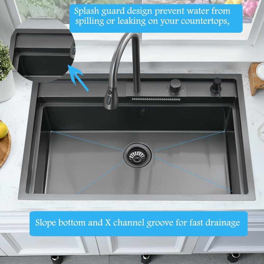 33 Inch Black Drop In Waterfall Kitchen Sink Workstation -Bokaiya 33x19 Black Stainless Steel Sink with Faucet Combo 16 Gauge 10' Deep Top Mount Single Bowl Modern Kitchen Sink