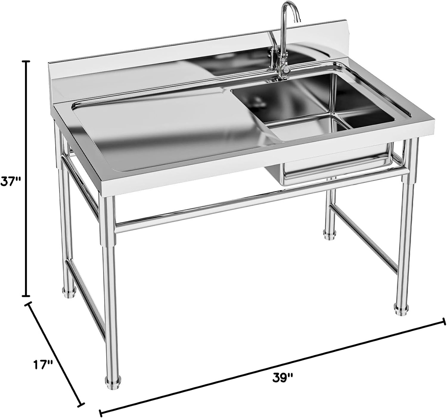 CNCEST Commercial Kitchen Sinks Single Bowl,304 Stainless Steel Catering Prep Table,Kitchen Wash Bowl Sink Basin,120x60x80cm,for Restaurant, Laundry, Garage (1 Bowl)