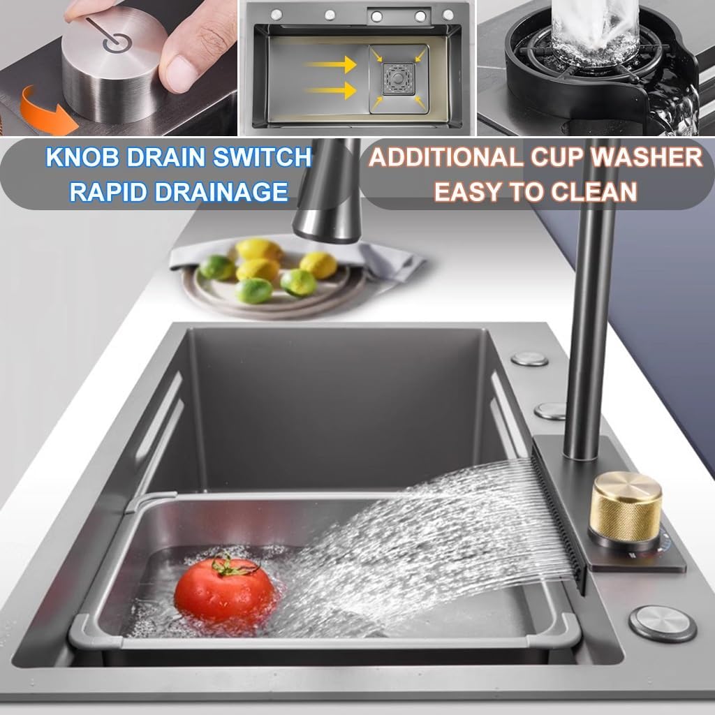 304 Stainless Steel Single-Bowl Kitchen Workstation Sink Nano-Coated Workstation Sink With Pull-Out Faucet And Cup Washer Complete Accessory Set (Color : Black, Size : 80x45x22cm) (Black 80x45x22