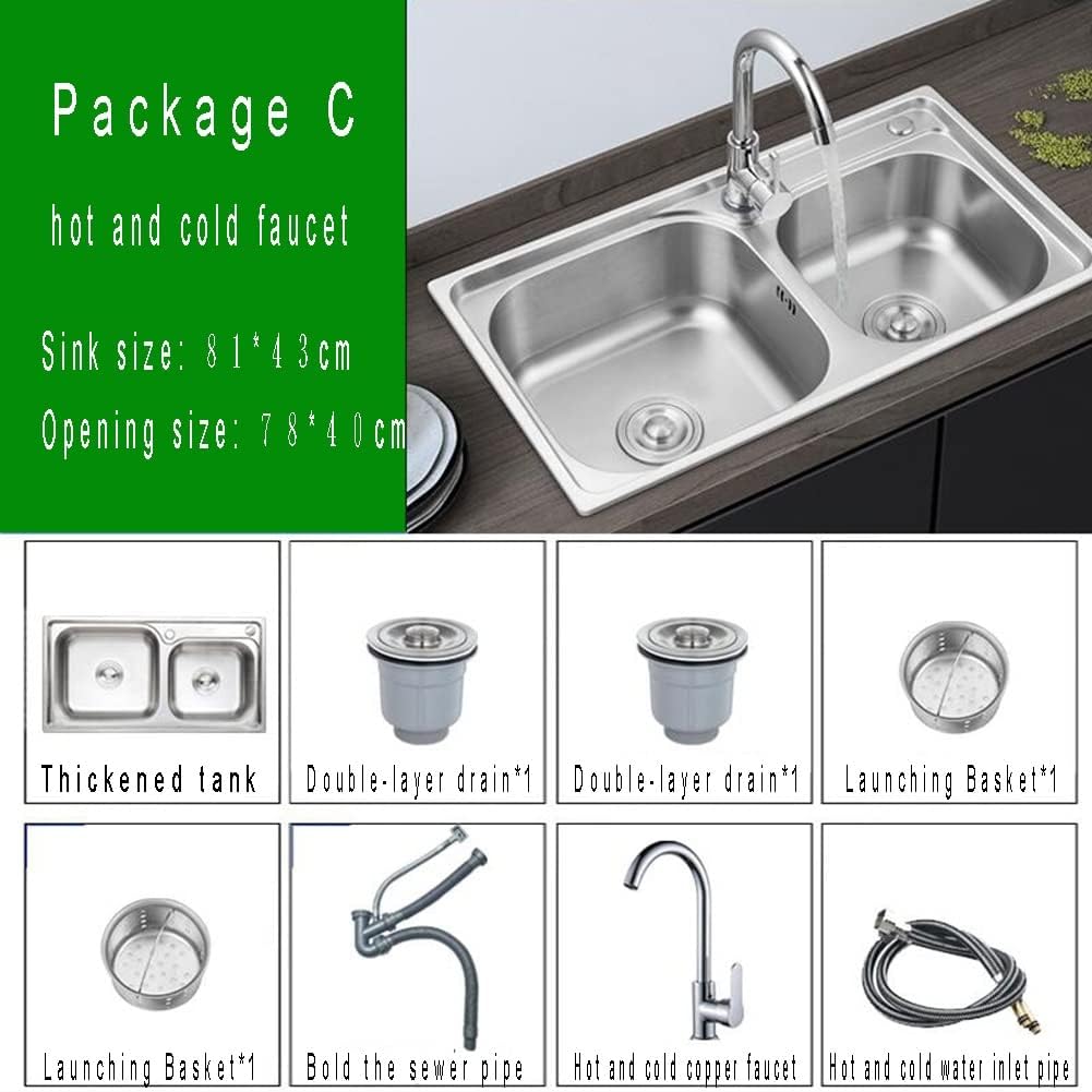 Double Bowl 304 Stainless Steel Kitchen Sink, Handmade Bar Prep Sink with Strainer, Top-Mount/Drop-in Workstation Sink (Color : Silver-A, Size : 75x40cm) (SilverC 81x43cm)
