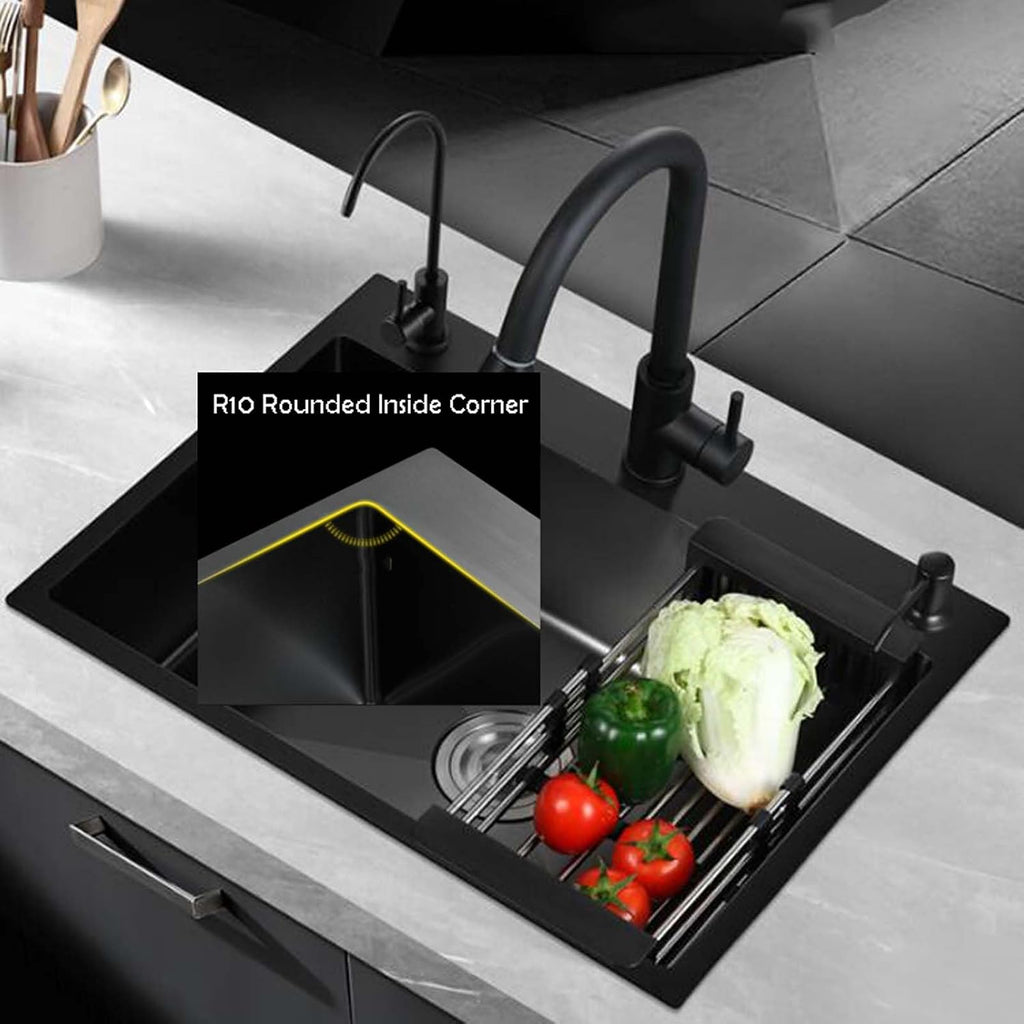 Black Drop in Kitchen Sink 60x45cm, Top Mount Stainless Steel Kitchen Sink, Round Corner Single Bowl Kitchen Sink, Workstation Kitchen Sink Set (55x45cm