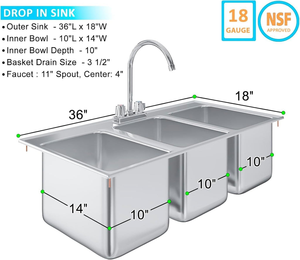 Commercial 3 Compartment Stainless Steel Drop-In Sink – 36' x 18' with Faucet | NSF 3-Bay Utility Sink for Restaurant, Bar & Kitchen Use