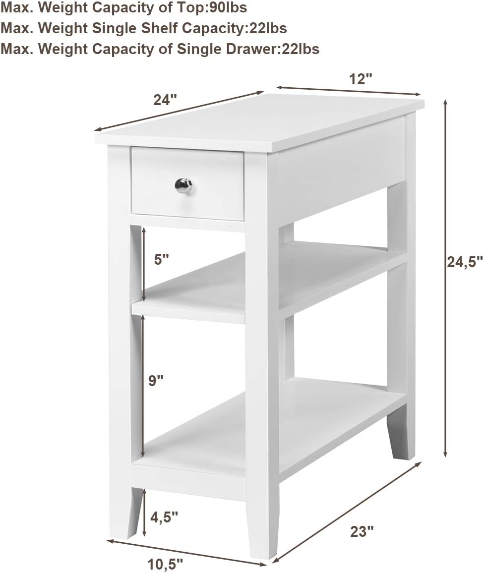 Giantex Narrow End Table Set of 2, Small Side Table with Drawer and Shelf, Wood Accent Sofa Table, Skinny Nightstand for Small Space Living Room Bedroom, White