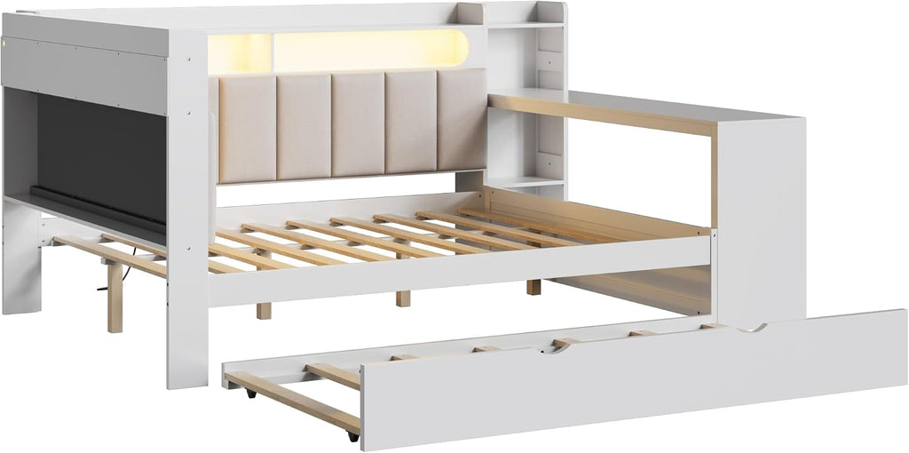 Merax Full Size Daybed with Storage Shelves and Trundle, Wooden Corner Bed with Charging Station, LED Light, Desk, Upholstered Headboard and Backrest, No Spring Box Need