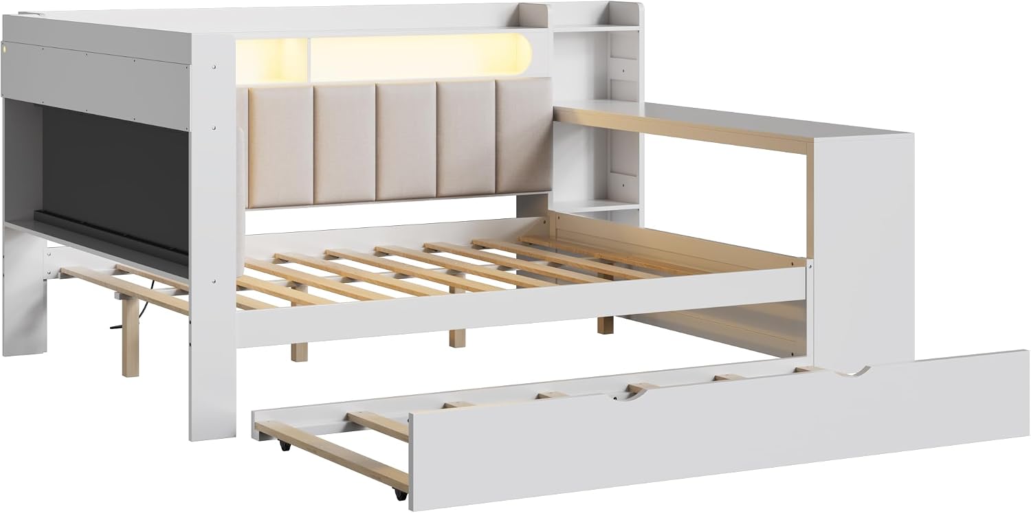 Merax Full Size Daybed with Storage Shelves and Trundle, Wooden Corner Bed with Charging Station, LED Light, Desk, Upholstered Headboard and Backrest, No Spring Box Need