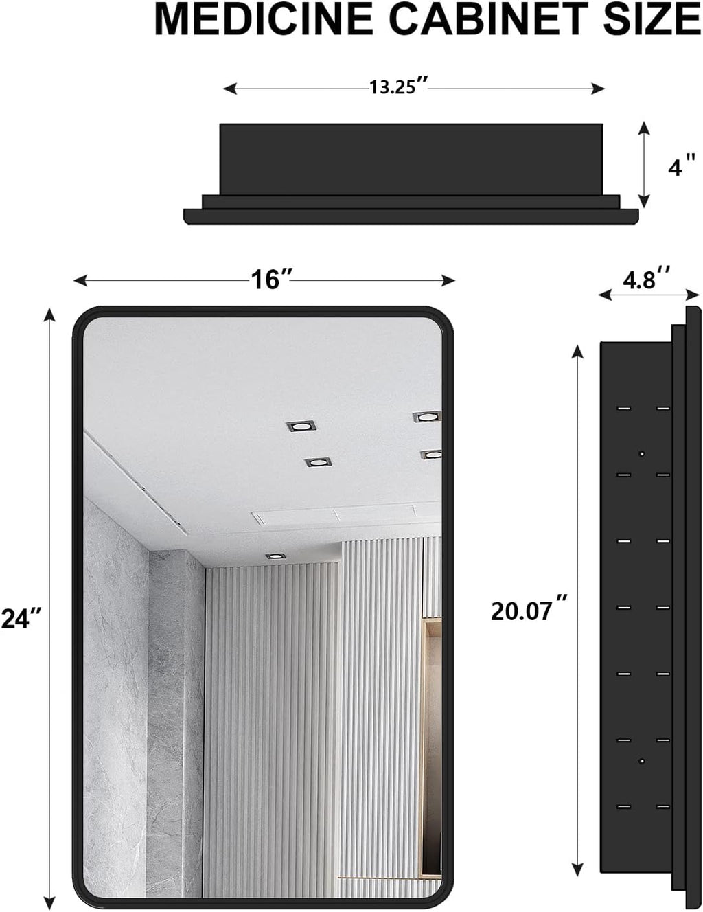 Black Bathroom Medicine Cabinet with Mirror 16 x 24 Metal Frame Recessed Or Wall Mounted Single Door Storage Medicine Cabinets with Adjustable Shelves Rounded Corner Beveled Mirrors