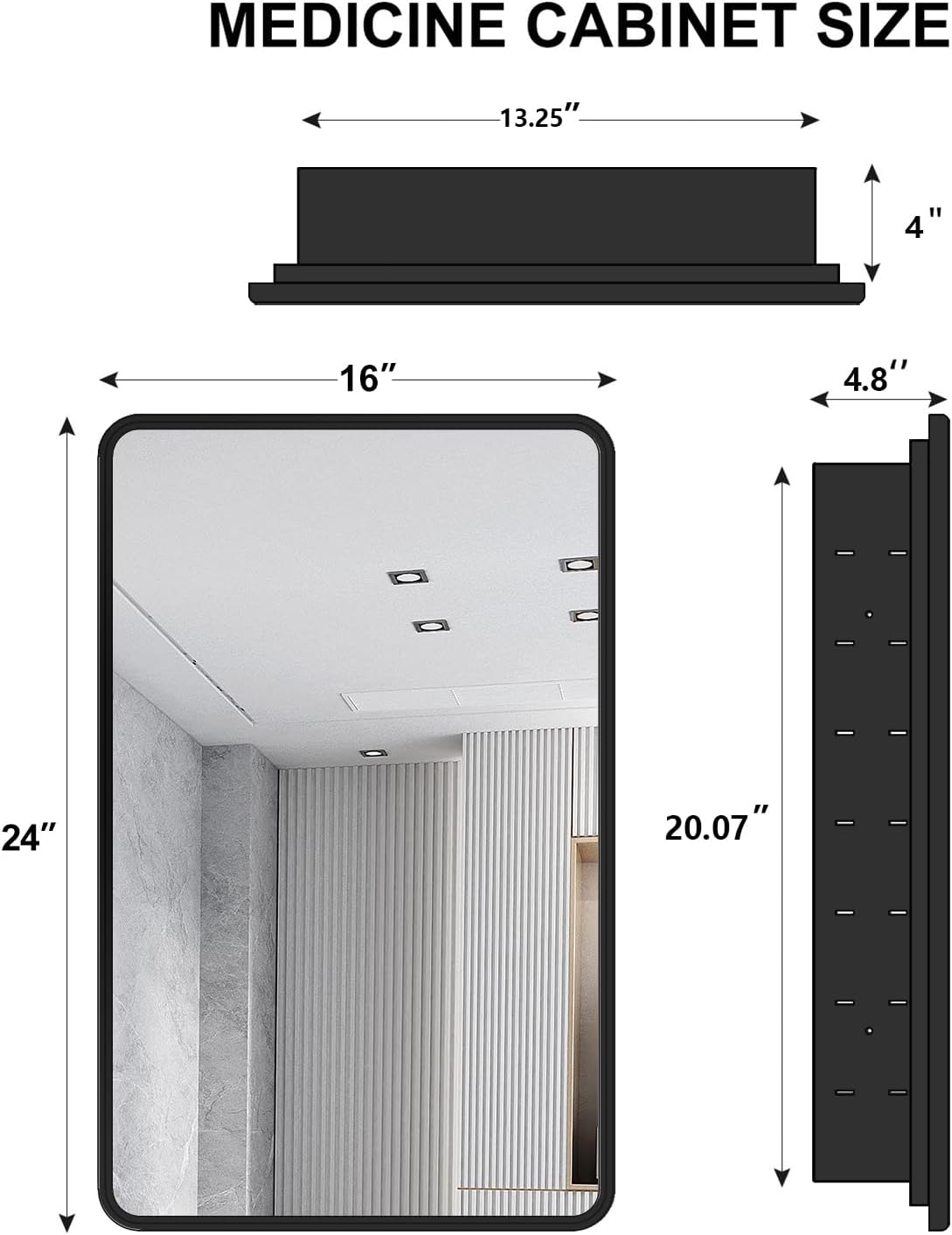 Black Bathroom Medicine Cabinet with Mirror 16 x 24 Metal Frame Recessed Or Wall Mounted Single Door Storage Medicine Cabinets with Adjustable Shelves Rounded Corner Beveled Mirrors