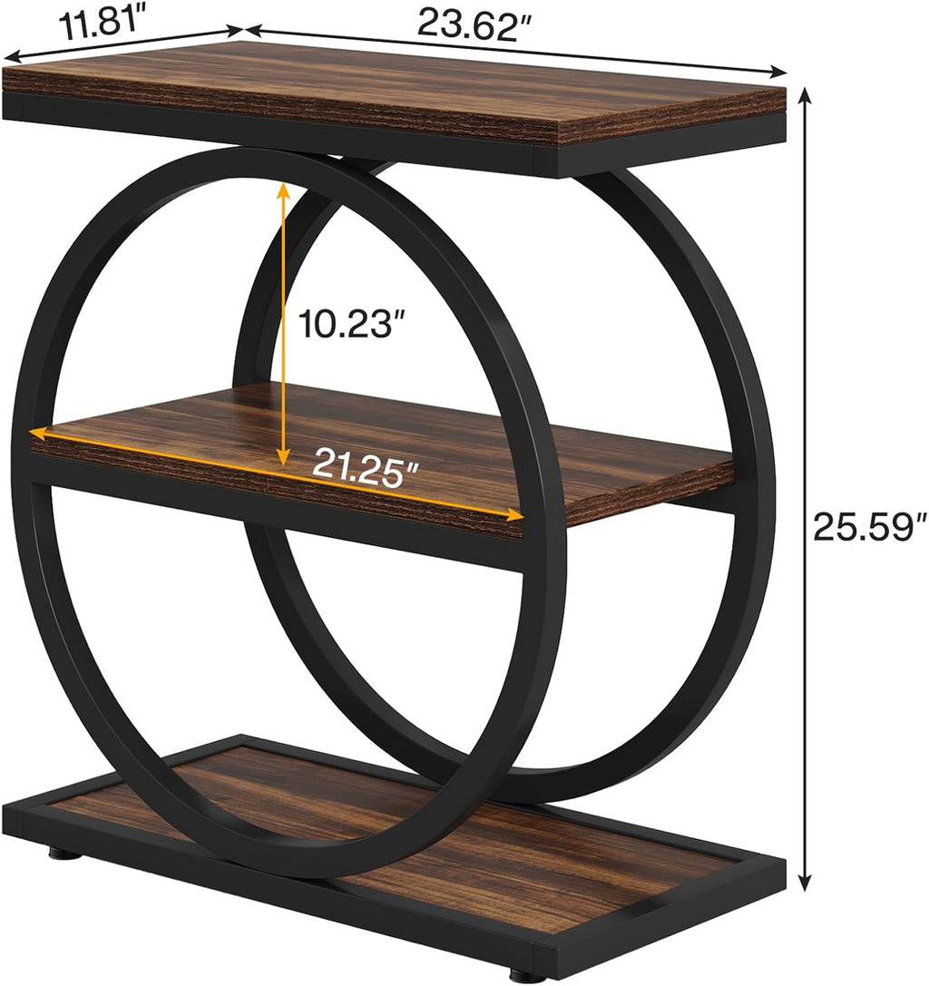 LITTLE TREE 3-Tier End Table Set of 2, Industrial Side Table with Storage Shelves, Small Sofa Side Table for Living Room, Wooden Side End Table with Round Metal Legs, Slim Nightstand and Bedside Table