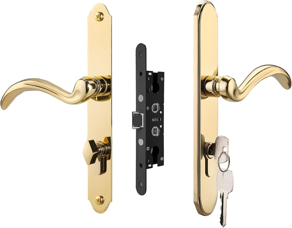 HauSun Storm Door Handle Set Replacement Kit with 2 Point Mortise Lock and Key,Security Door Keyed Lever Handle Fits for Pella or Larson Storm Door (Polished Gold)