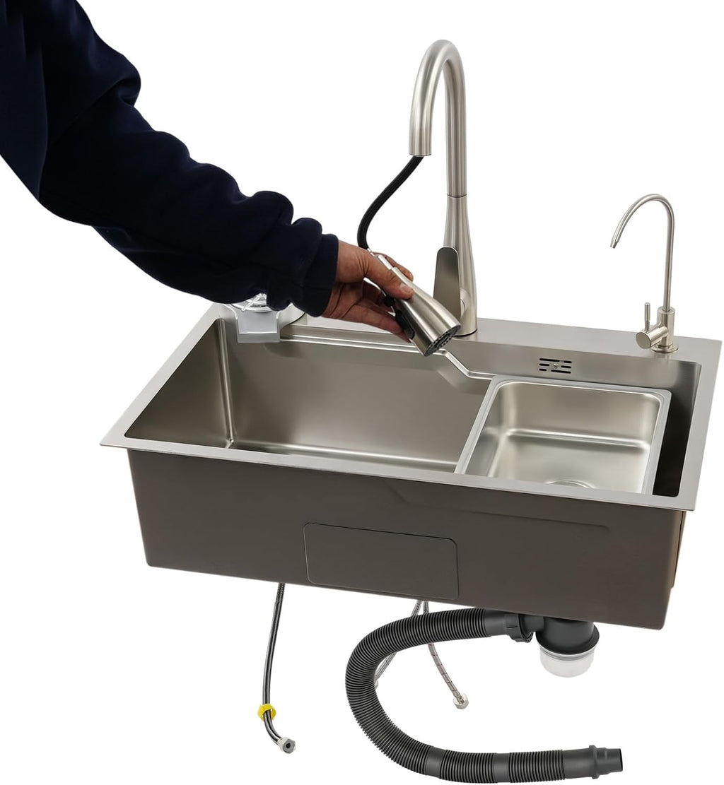 DYRABREST 29.5 Inch Stainless Steel Kitchen Sink Multi-Function Commercial Sink Set with Cutting Board & Basin-in-Basin, Drop-In/Undermount Install, Cup Rinser and Drainer for Restaurant Home (Silver)
