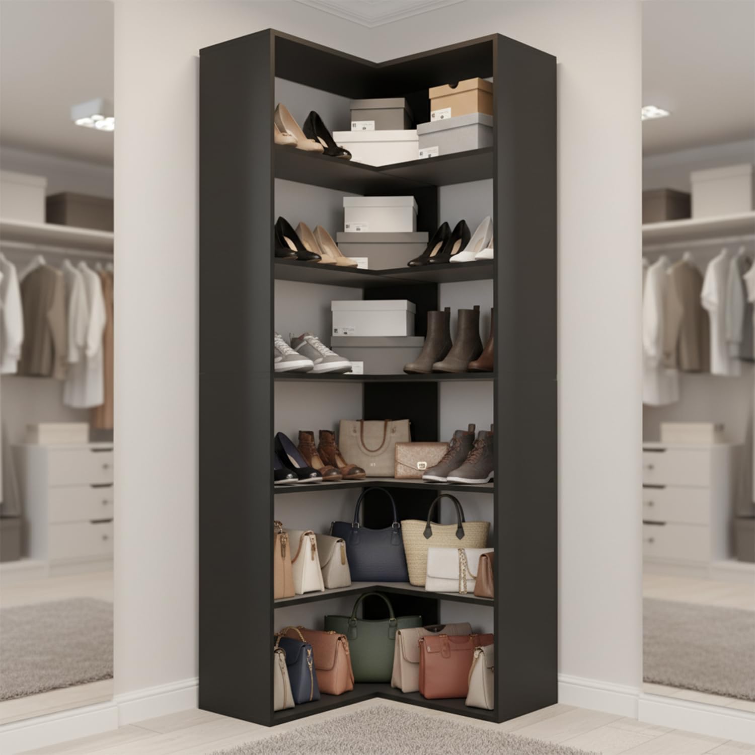 Anystyle 71 Inch Large Corner Shoe Rack for 40+ Pairs, 6-Tier L-Shaped Shoe Storage Cabinet Organizer, Freestanding Wooden Shoe Shelf for Closet, Entryway, Hallway, Black