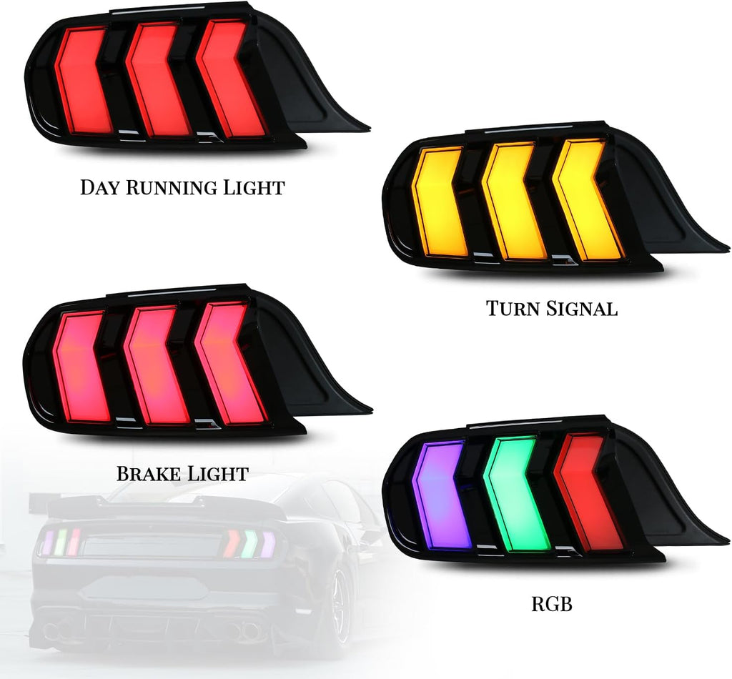 HCmotion LED Tail Lights for Ford Mustang Euro 2015-2023 (6 Lighting Modes), Start UP Animation with Sequential Turn Signal Rear Lamp Kit Assembly (Smoked-RG) | Smoked Euro Style Taillights Assembly w/ 6 Sequential Turn Signal Modes & Startup Animation