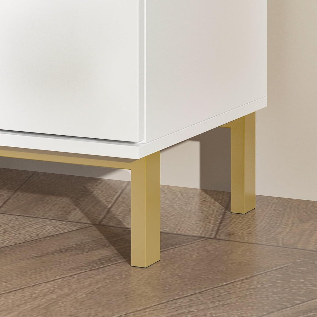 Large White Nightstand Modern End Table with 3 Drawers, Gold Metal Handles & Legs, Bed Side Table for Living Room, White and Gold, 31.5'W x 15.7'D x 29.5'H