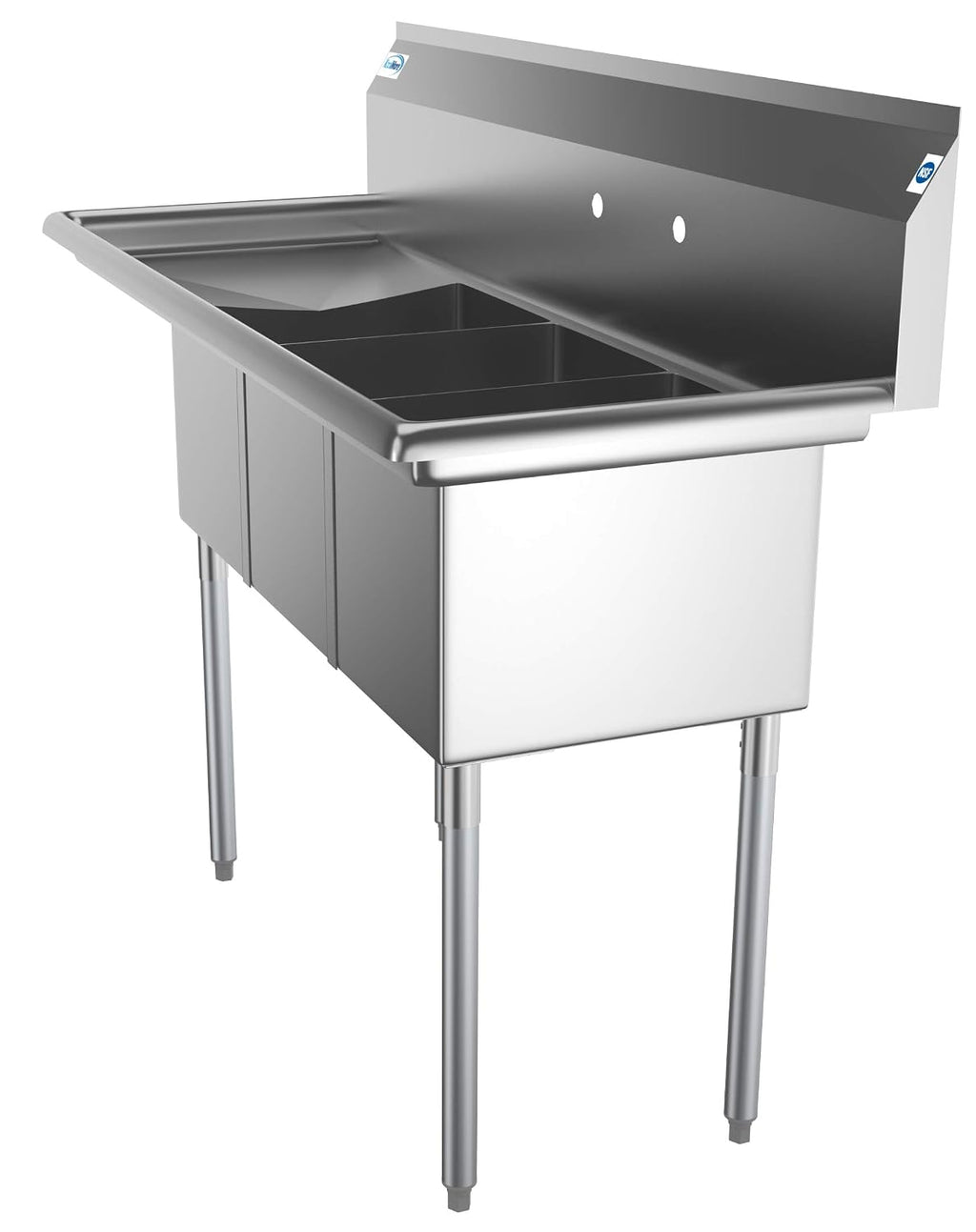 KoolMore 3 Compartment Stainless Steel NSF Commercial Kitchen Sink with Large Drainboard - Bowl Size 12' x 16' x 10', Silver