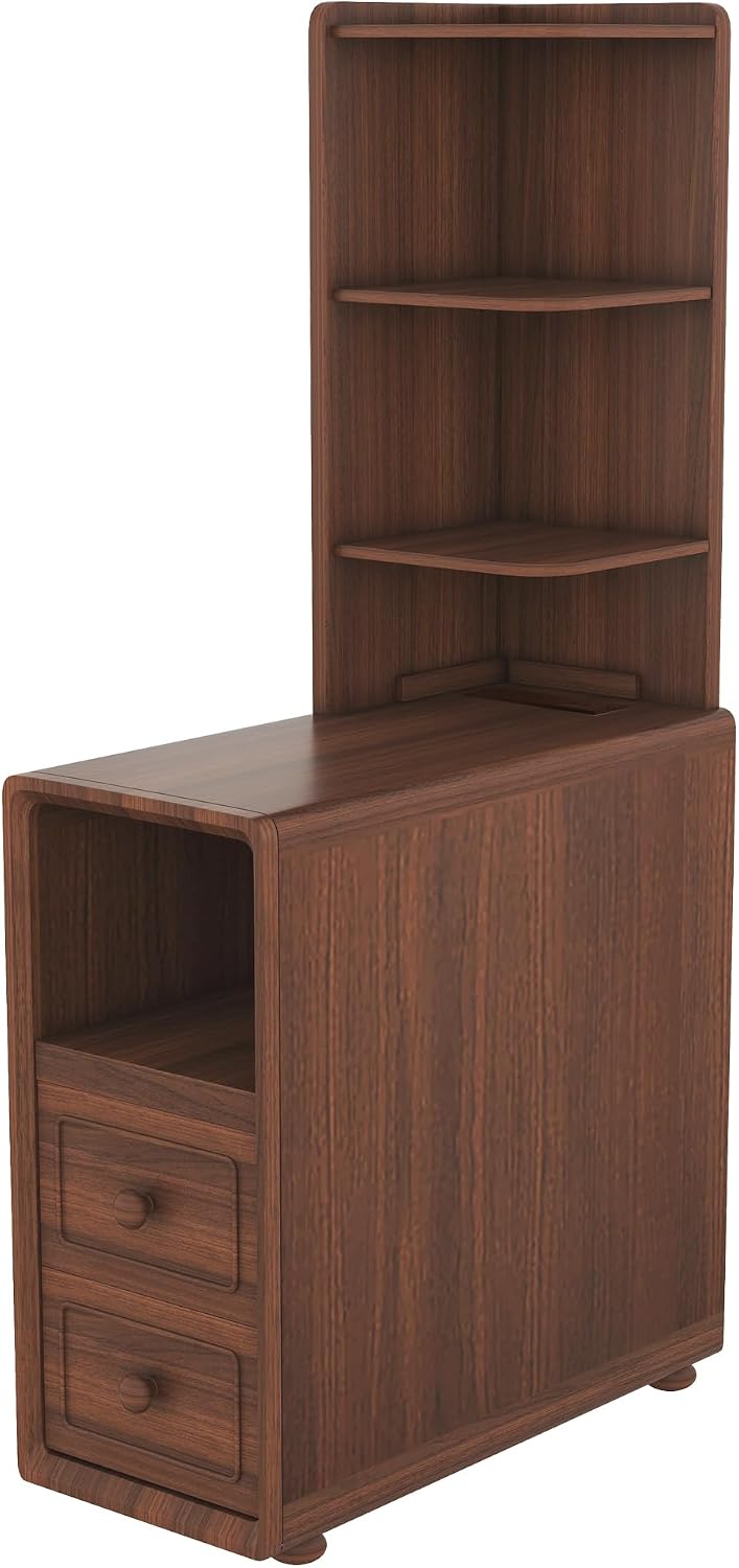 Mirightone Tall End Table with Drawers and Shelves, Narrow Side Table with Charging Station, High Slim Corner Cabinet Bedside Table with Storage Bookcase for Living Room Bedroom, Walnut