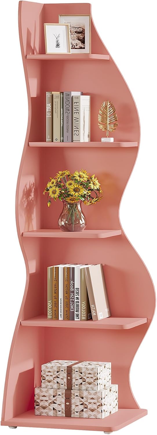 Tribesigns Wavy Corner Shelf Set of 2, Modern 5-Tier Bookshelf Etagere Bookcase with Curvy Shape, Unique Plant Stand Display Shelf for Living Room Small Space (Pink)