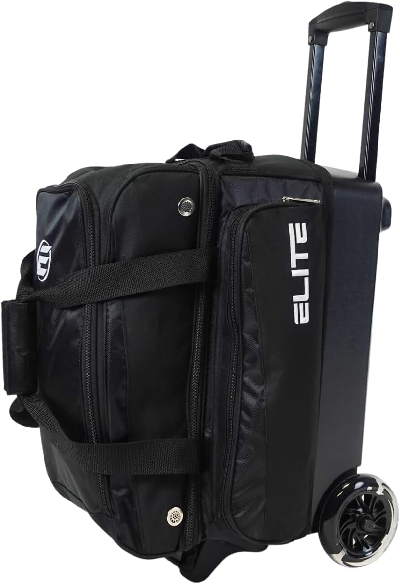 ELITE Deluxe 2 Ball Bowling Bag with 5' Smooth Wheels - Large Accessory Pocket, Shoe Compartment, 36' Extendable Handle