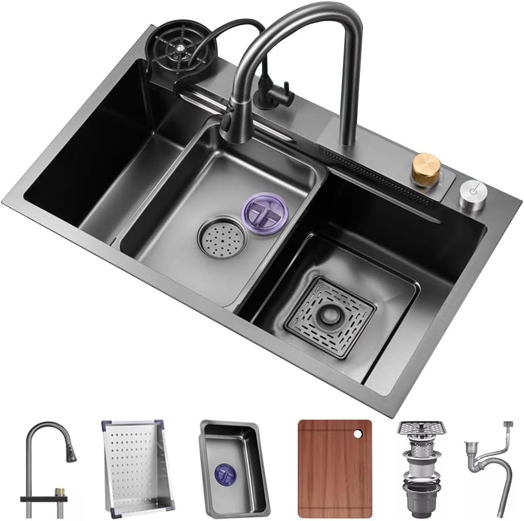 304 Stainless Steel Single-Bowl Kitchen Workstation Sink Nano-Coated Workstation Sink With Pull-Out Faucet And Cup Washer Complete Accessory Set (Color : Black, Size : 80x45x22cm) (Black 80x45x22