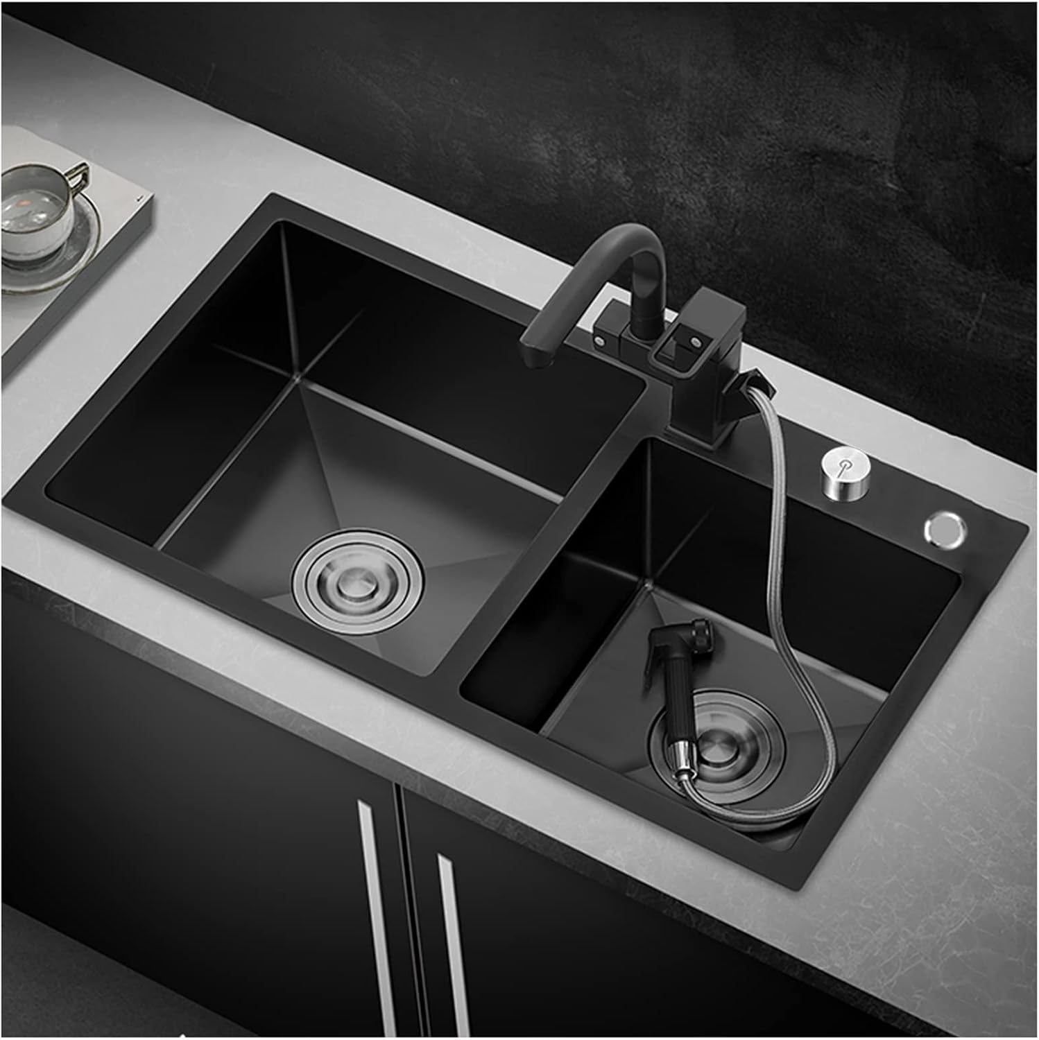 Double Bowl Kitchen Sink 304 Stainless Steel Bar Sink He Multifunctional RV Sink with Faucet and Counter Control Button Drop-in Or Under Mount (Color : Black-c, Size : 72x40x20cm)