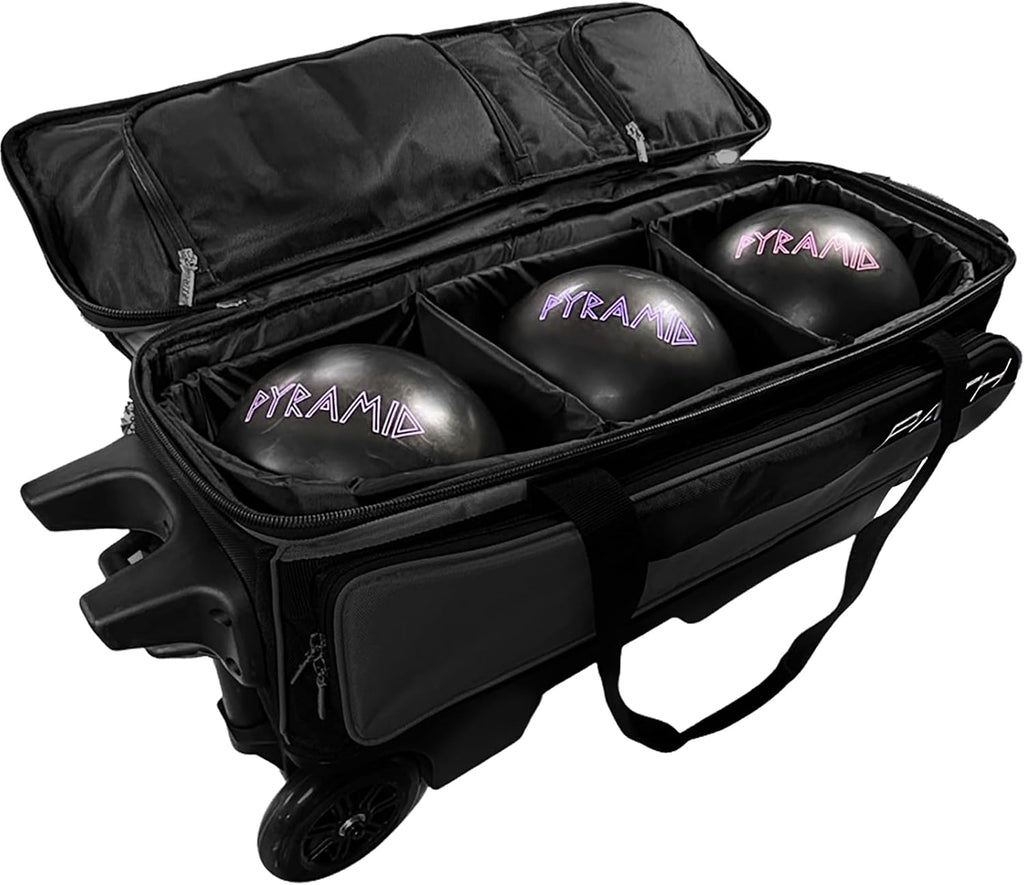 Pyramid Path Triple Premium Deluxe Roller Bowling Bag With Extra Large Separate Shoe Compartment (Up To US Mens Size 16) and 5 Accessory Pockets, 5' Wheels, Retractable Locking Handle - Extends to 42'
