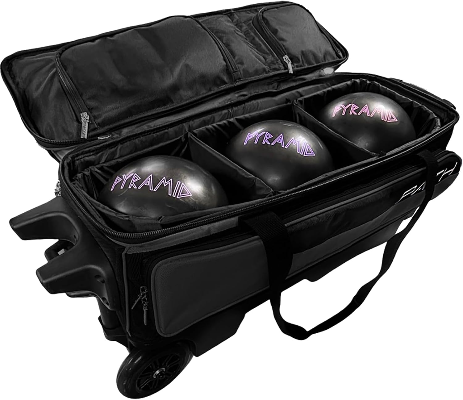 Pyramid Path Triple Premium Deluxe Roller Bowling Bag With Extra Large Separate Shoe Compartment (Up To US Mens Size 16) and 5 Accessory Pockets, 5' Wheels, Retractable Locking Handle - Extends to 42'
