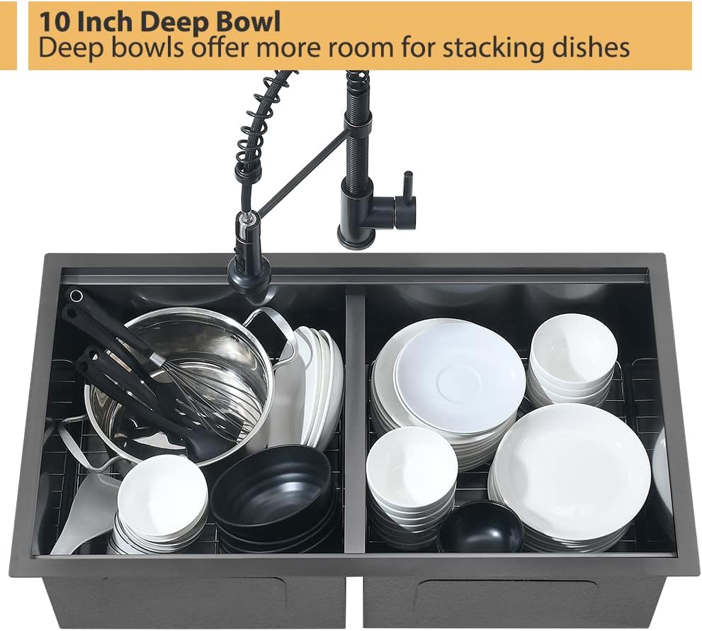 33 Inch Black Double Bowl Undermount Kitchen Sink Workstation-Bokaiya 33x19 Kitchen Sink Undermount 50/50 Double Bowl Sink 16 Gauge Black Stainless Steel Double Basin with Cutting Board