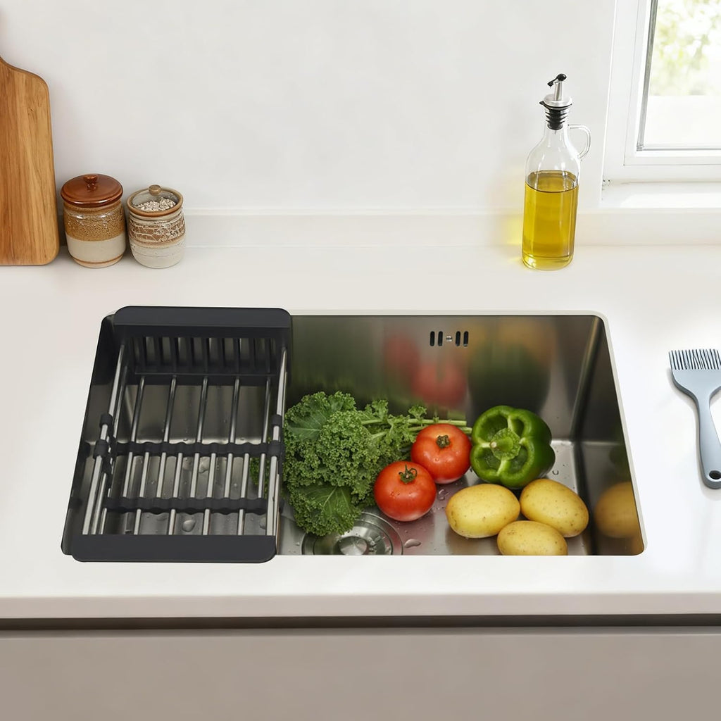 Single Bowl Kitchen Sink Built-in Stainless Steel Sink Thickened One-Piece Stretch Sink with Drain Basket Large-Diameter Drain Ideal for Bathroom or Kitchen 78 * 43cm
