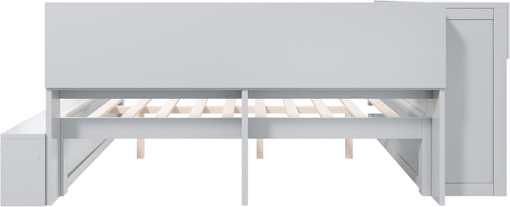 Merax Full Size Daybed with Storage Cabinets, Shoe Cabinet and USB Ports for Kids or Teens, Wood Full Daybed with Headboard, L-Shaped Corner Bed Full Size for Guestroom Living Room or Bedroom, Gray