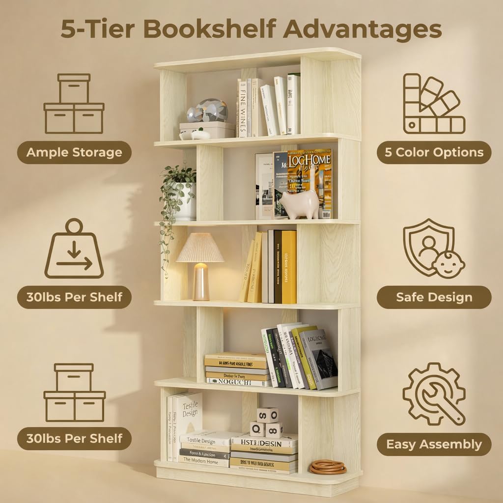 5-Tier Tall Bookshelf, Narrow Wood Bookcase, White | 64.56' freestanding open display shelf for books, décor, and storage in living rooms, bedrooms, or home offices