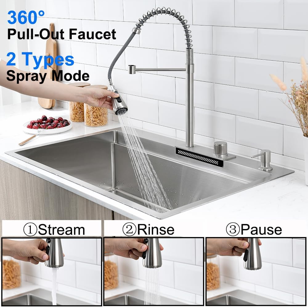 33 Inch Drop In Waterfall Kitchen Sink, 33x22 Drop in Kitchen Sink with Faucet Workstation Kitchen Sink 16 Gauge Stainless Steel Single Bowl Multifunctional Modern Kitchen Sink