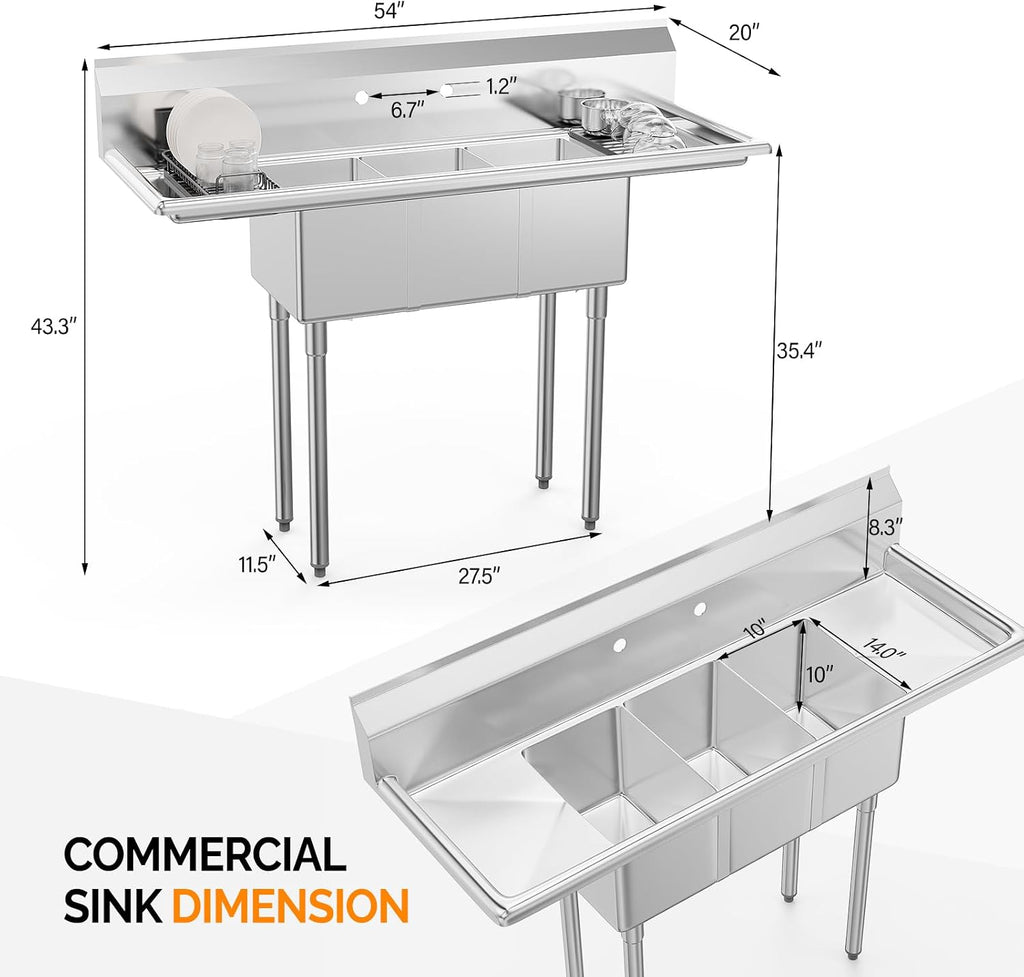 ROVSUN Commercial Sink, Stainless Steel Sink with 3 Compartment and 2 Sides Drain Rack, 20' x 54' x 43.5' Freestanding Utility Sink, Great for Restaurant Kitchen Laundry Room Garage Sunroom