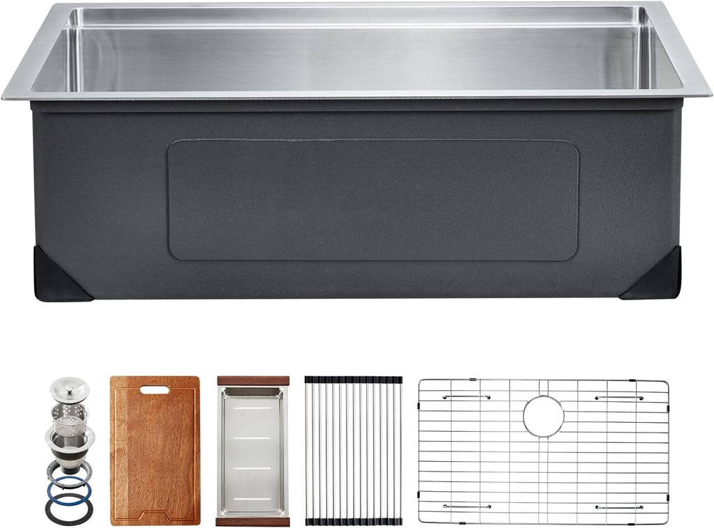 VEVOR 23 inch Kitchen Single Sink, 304 Stainless Steel Undermount Sink Drop-In Single Bowl Farmhouse Basin with Ledge & Multiple Accessories, Household Dishwasher Sinks for Prep Kitchen, Bar 23'*19'