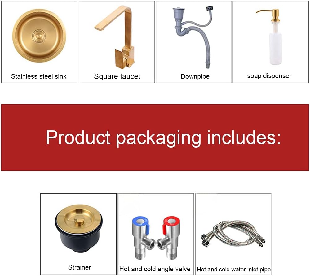 Kitchen Sink Single Bowl Bar Prep Stainless Steel with Faucet & Drain Golden RV Sink Drop-in Or Undermount (Color : Gold, Size : 32×32×19cm) (Gold 36×36×19cm)