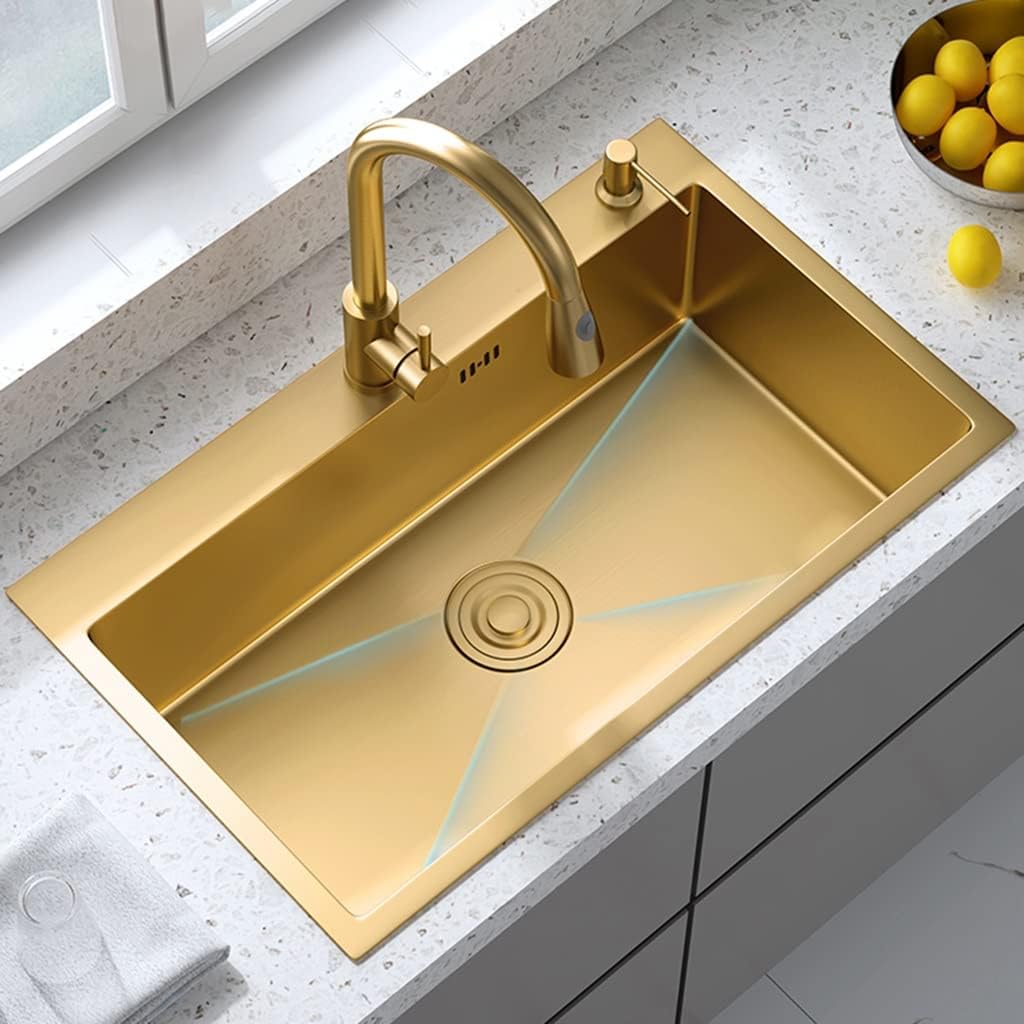 Kitchen Sink 304 Stainless Steel RV Sink Single Bowl Bar Preparation with Pull-Out Faucet and Installation Kit Drop-in Or Undermount (Color : Gold, Size : 72x45x21cm) (Gold 72x45x21cm)