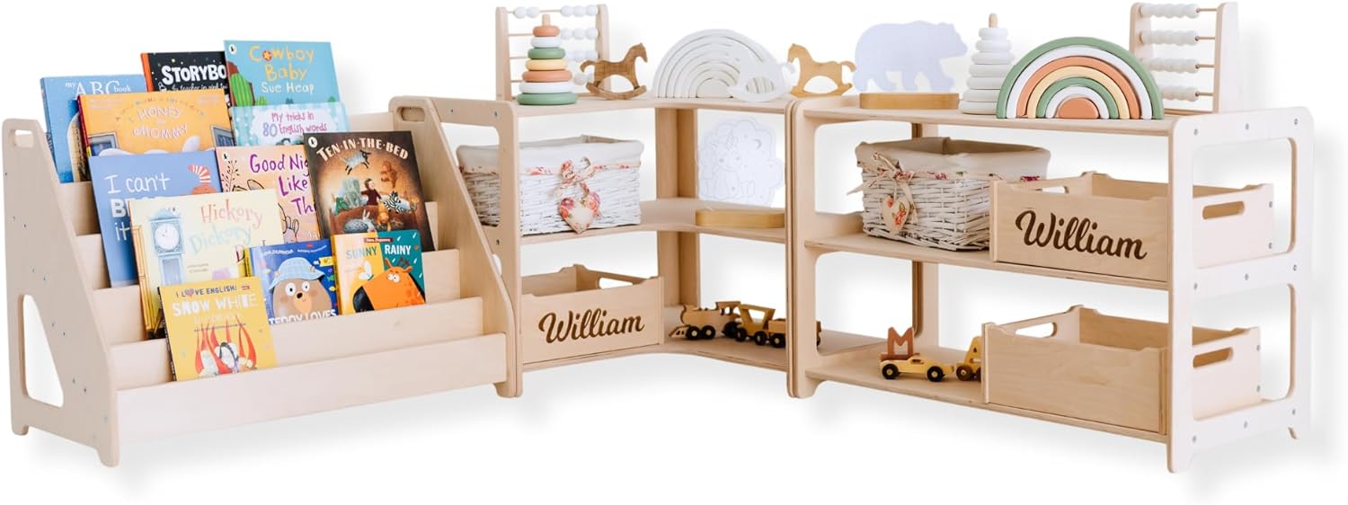Montessori Bookshelf + Small Toy Shelf + Corner Toy Shelf, Wooden Shelf, Kids Bookcase, Toy Storage, Kids Furniture, Montessori Shelf (SET of 3 Shelves)