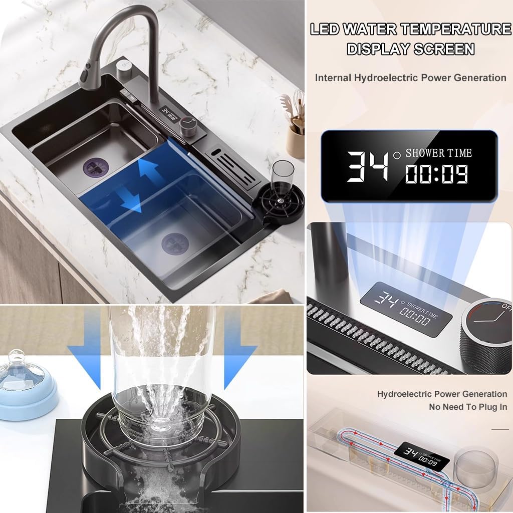 Waterfall Kitchen Sink Single Bowl Bar Sink Workstation Kitchen Sink with Three-in-one Pull-Out Faucet LED Digital Display Screen Pressurized Cup Washer Knife Holder Box (Black 75x45x21cm)