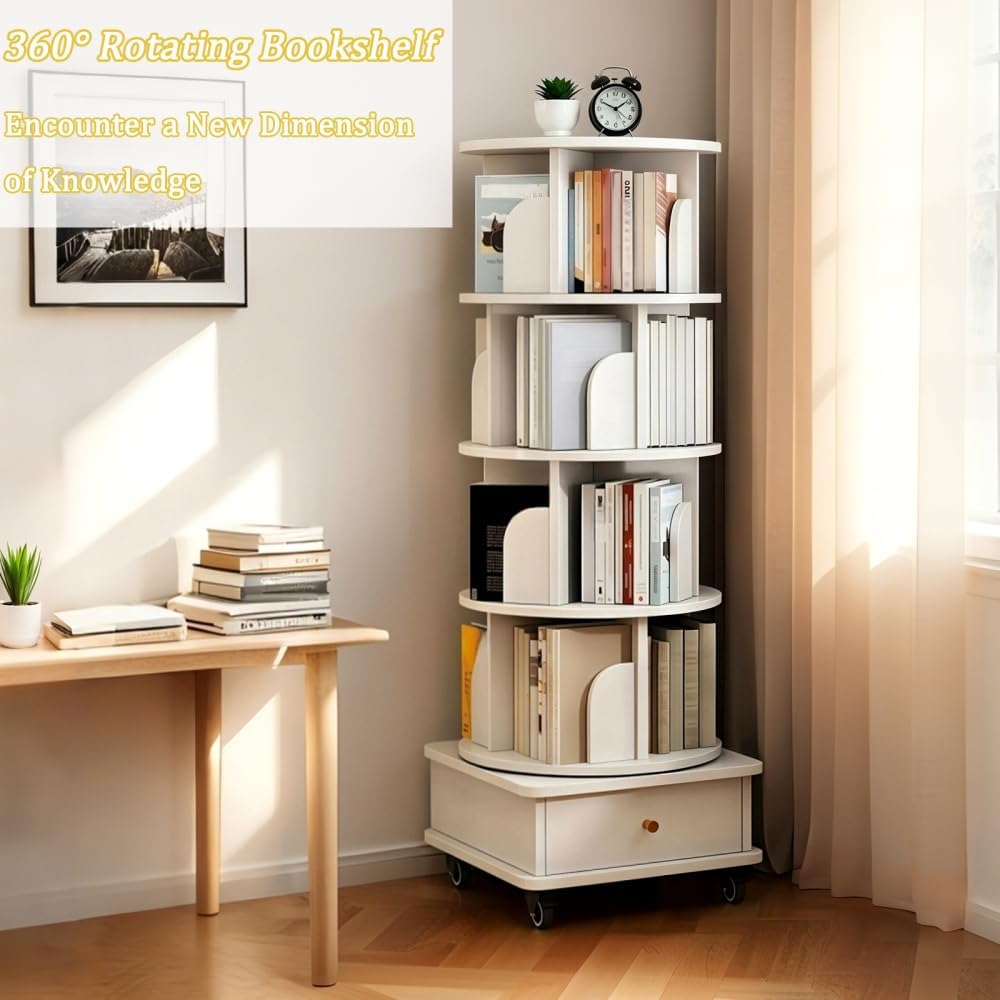 360° Rotating Bookshelf with Drawer and Wheels, 5 Tier Tall Bookcase for Small Spaces, Corner Shelf for Bedroom, Living Room, Office, Wood Bookshelf, White