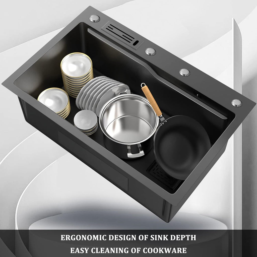 304 Stainless Steel Single Bowl Kitchen Sink Square Nano Bar Sink Rv Sink with Pull-Out Faucet and Drainage Components Top Mount Or Undermount (Color : Black-C, Size : 75x46x20cm) (Blacka 75x46x2
