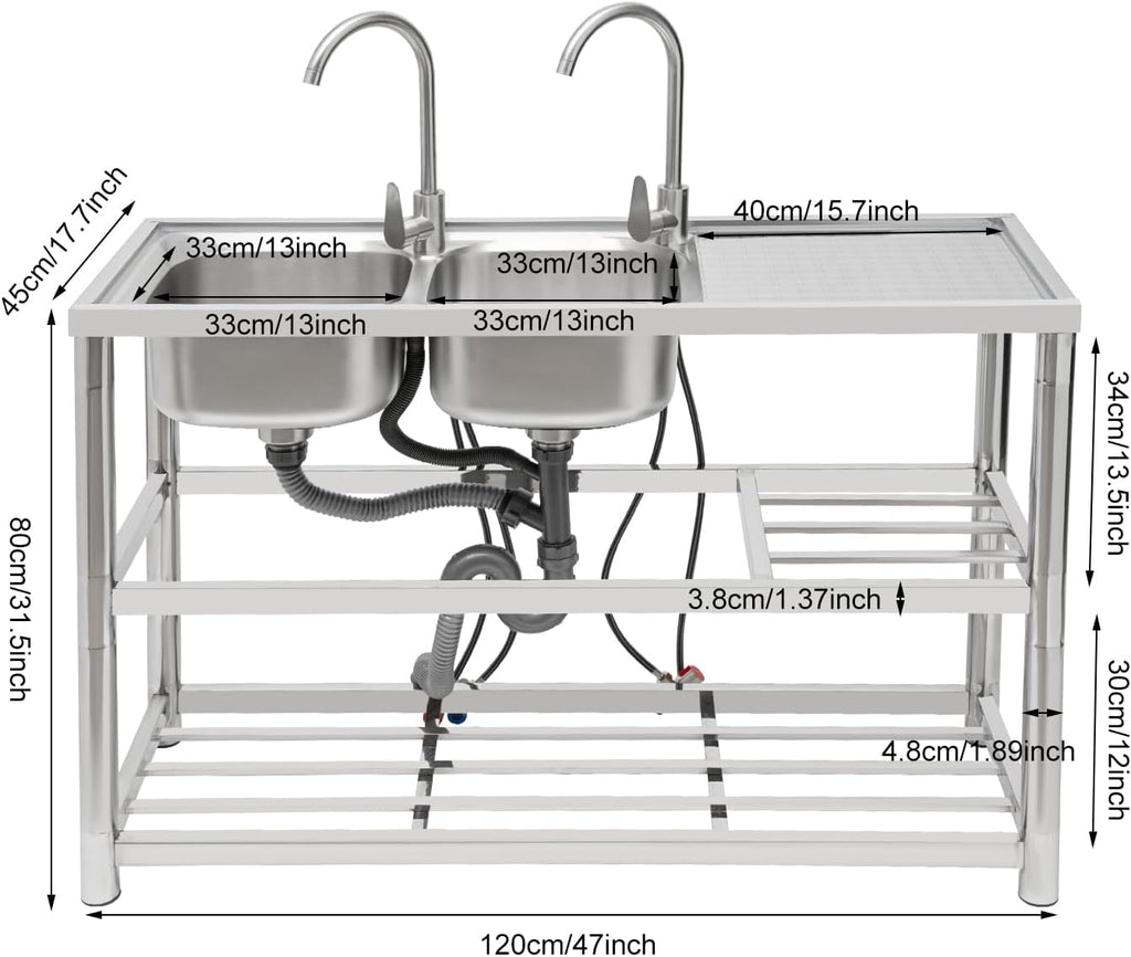 Free Standing Commercial Kitchen Sink Stainless Steel, Double Bowl Utility Sink with 2 360° Rotatable Faucet and Water Pipes Restaurant Outdoor Utility Sink Left Dual-Bowl (47x17.7x31.5in)