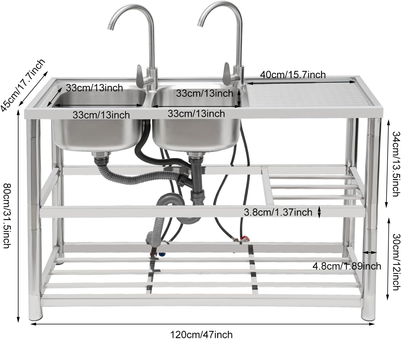 Free Standing Commercial Kitchen Sink Stainless Steel, Double Bowl Utility Sink with 2 360° Rotatable Faucet and Water Pipes Restaurant Outdoor Utility Sink Left Dual-Bowl (47x17.7x31.5in)