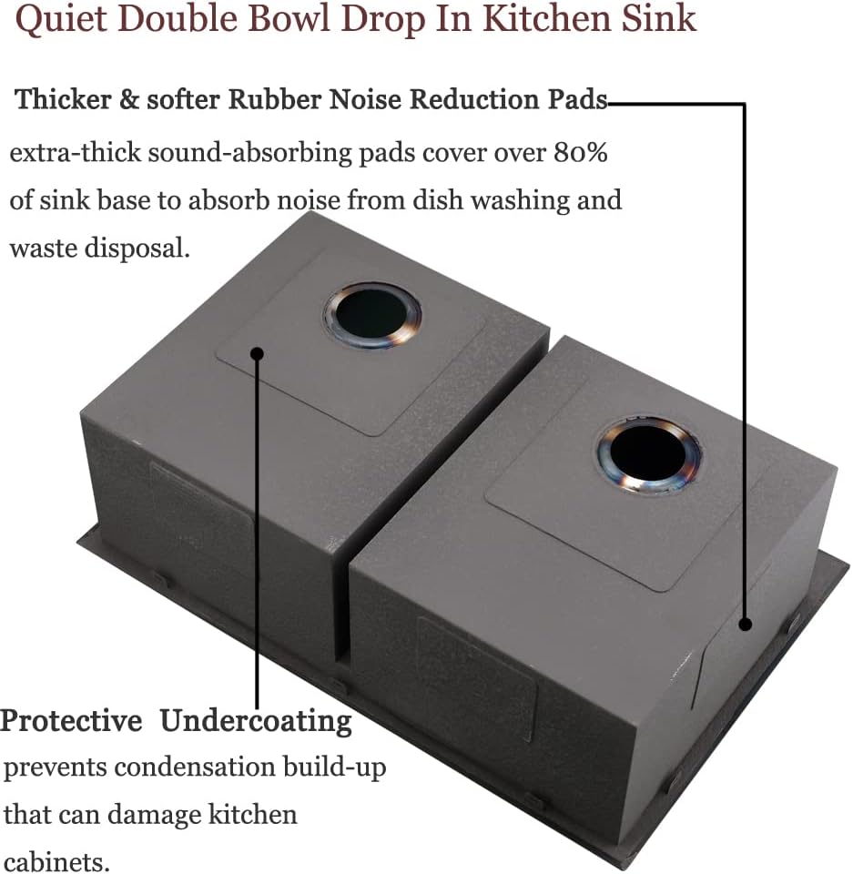 33 Inch Black Double Bowl Drop In Kitchen Sink-Bokaiya 33x22 Drop In Kitchen Sink 50/50 Double Bowl 16 Gauge Deep Low Divided Stainless Steel Basin with Roll Up Rack