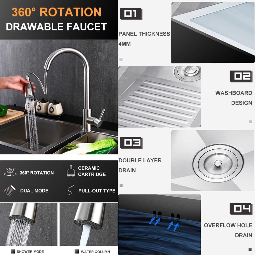 Bathro Sinks with Washboard Large 304 Stainless Steel Laundry Sink Multifunctional Kitchen Sink with Big Bend Faucet and Drainage Cponent (Color : Silver, Size : 70x48x21cm)