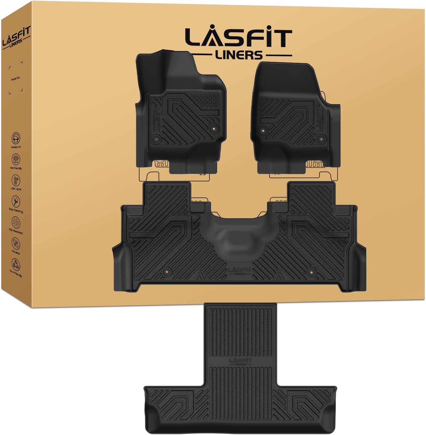 LASFIT Floor Mats for 2025 2026 2027 Ford Expedition 7 Seats Standard (Not Fit 8 Seats and Not Fit Max),All Weather Protection TPE Easy Clean Floor Liners,3Row,4PCS Black