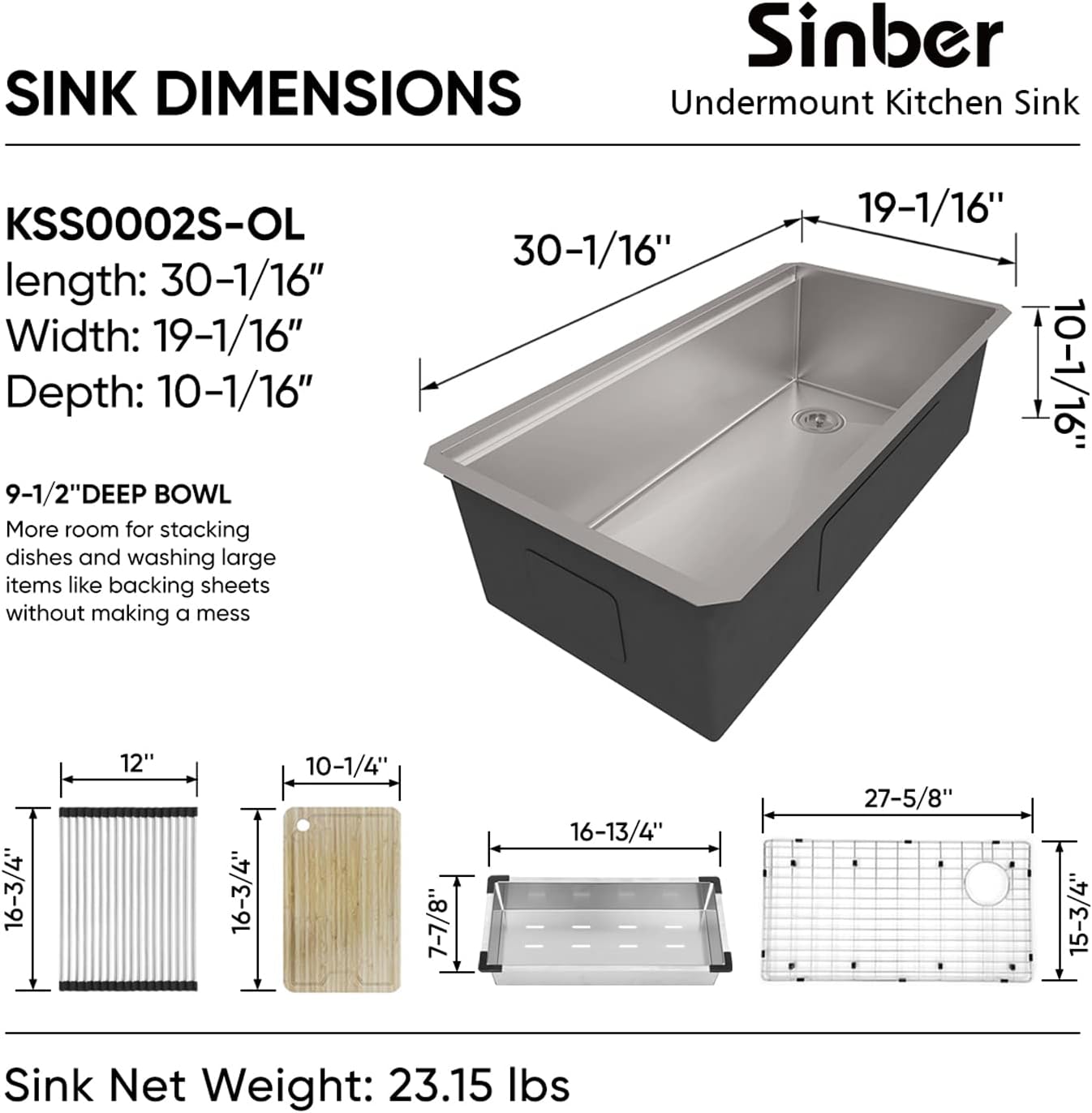 Sinber KSS0002S-OJ 30' x 19' x 10' Undermount Single Bowl Workstation Kitchen Sink with 16 Gauge 304 Stainless Steel Satin Finish 6 Accessories