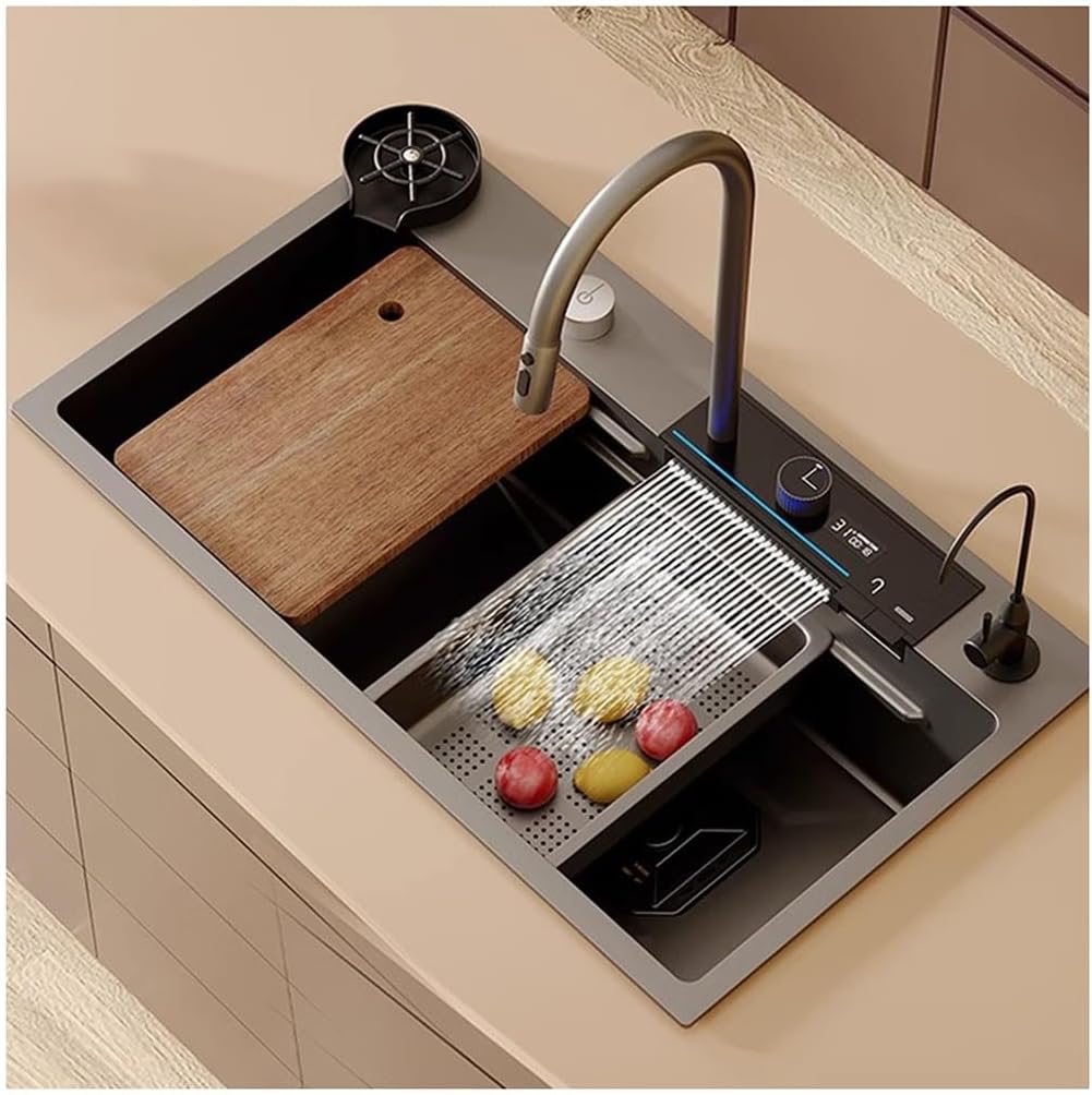 Single-Bowl Kitchen Workstation Sink Multi-functional Stainless Steel Household Farmhouse Sink Waterfall Pull-Down Faucet And Complete Accessory Set (Color : Black, Size : 75x46x23cm) (Black 75x46