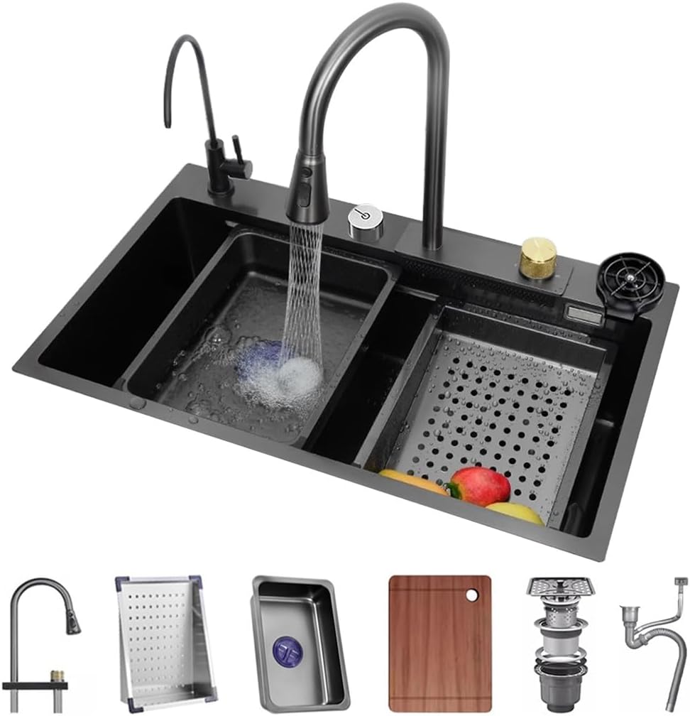Waterfall Kitchen Sink Single Bowl Stainless Steel Bar Sink with Pull-Out Faucet, Booster Cup Washer Chopping Board and Other Accessories (Color : Black, Size : 68x45x22cm) (Black 68x45x22cm)